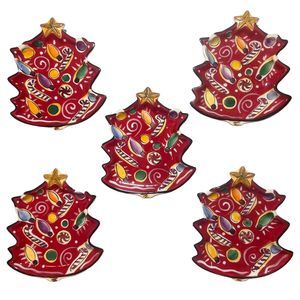 Clay Art Navidad Christmas Tree Snack Bowls 5 Plates Hand Painted StoneLite 2003